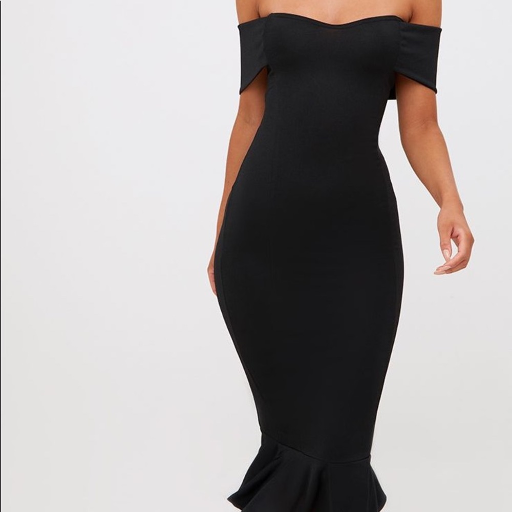 PLT black off shoulder midi body con dress
